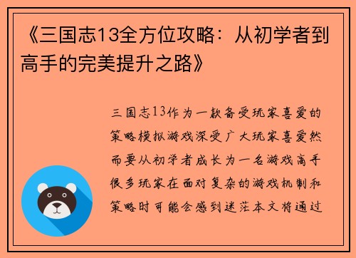 《三国志13全方位攻略：从初学者到高手的完美提升之路》